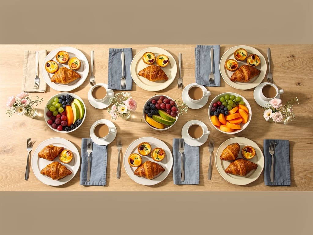 Tavolo lungo apparecchiato con croissant, mini quiche e frutta fresca per un brunch di gruppo