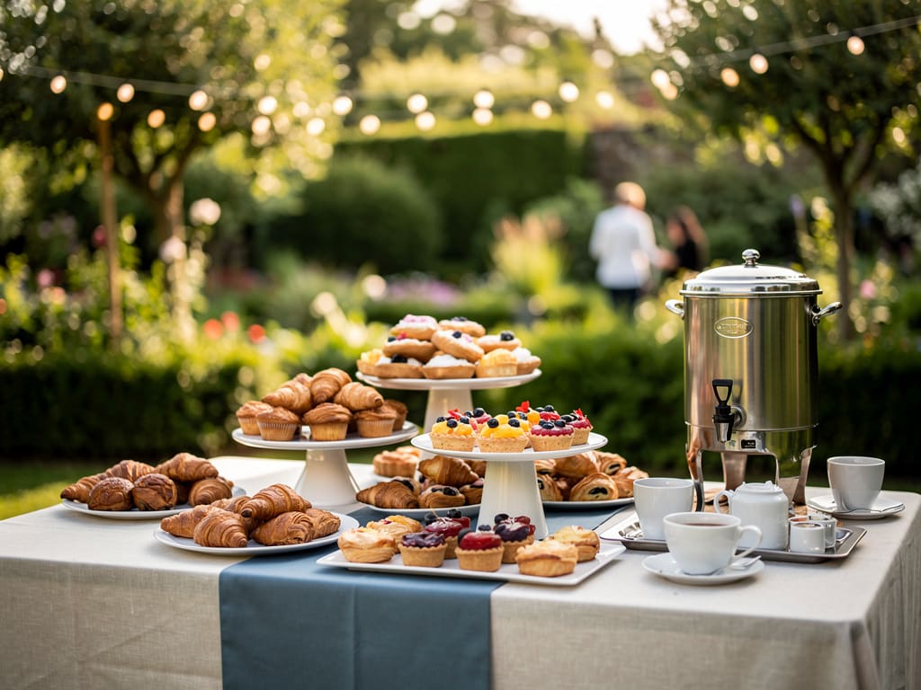 Buffet da catering all'aperto in un giardino con pasticceria e stazione caffè