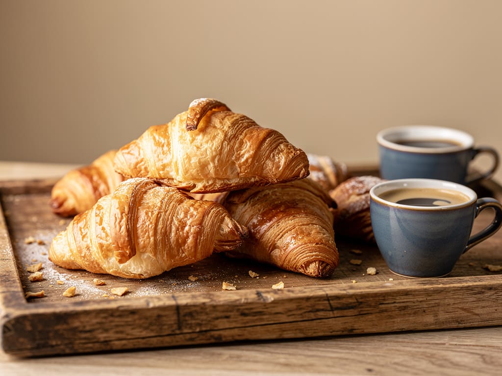 Lievitati artigianali e cornetti su un vassoio di legno con una tazzina di espresso